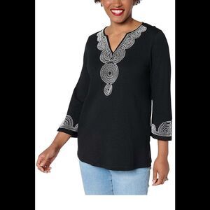 Bellisima Women's Slub Knit Boutique Beaded Tunic Black/White - Petite